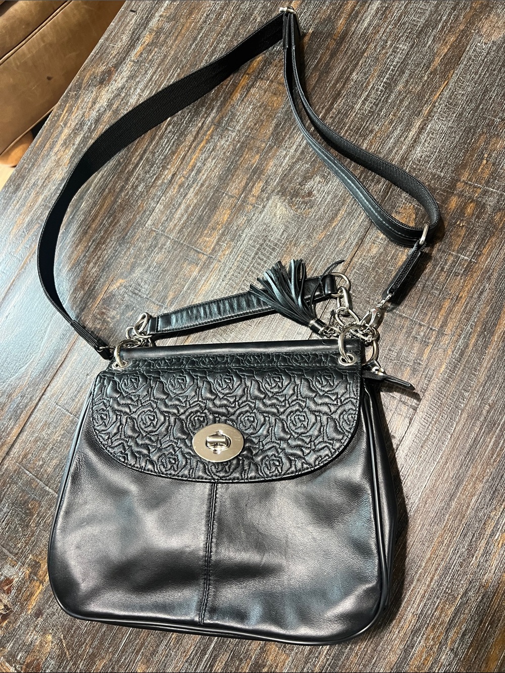 Concealed Carry Black Shoulder Bag with Gorgeous Rose-Embossed Flap